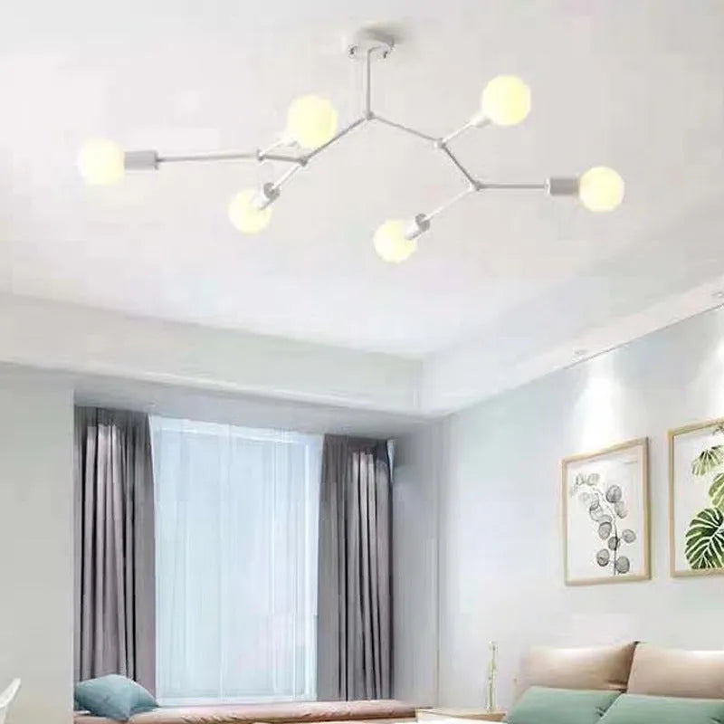 Iron chandelier ceiling lamp with multiple light heads in Nordic black or white finish