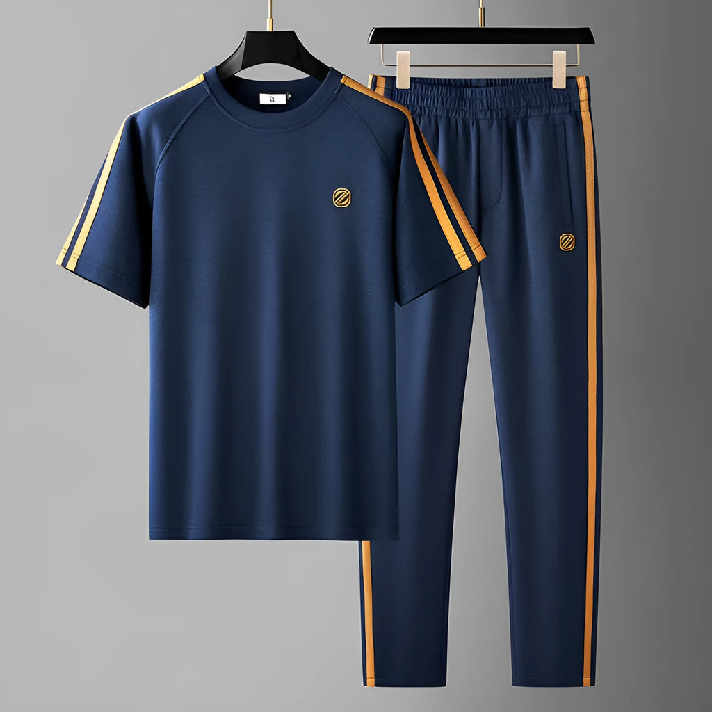 Men's blue short sleeve sports suit set with matching pants, ironing-free polyester fabric