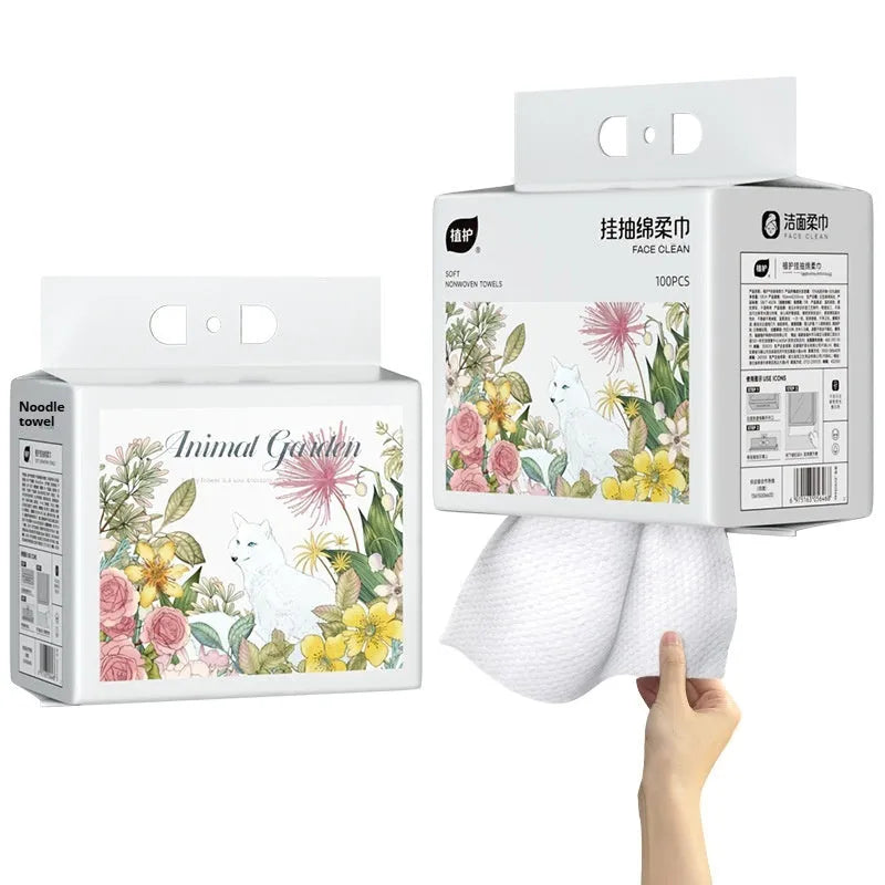Disposable face cloth roll with hanging removable design, showing 100 sheets in winter and spring soft cotton style