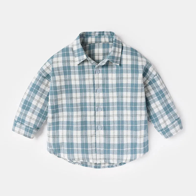Boys' casual cotton shirt with lattice animal print in light blue, shown in size for 90cm height.
