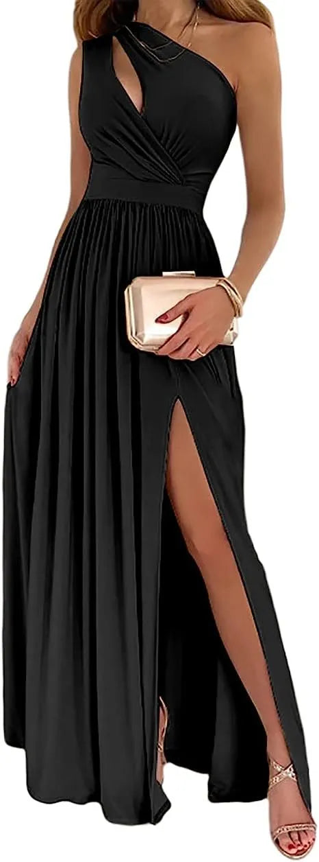 Women's apricot one shoulder maxi dress with high split and sleeveless cutout design.