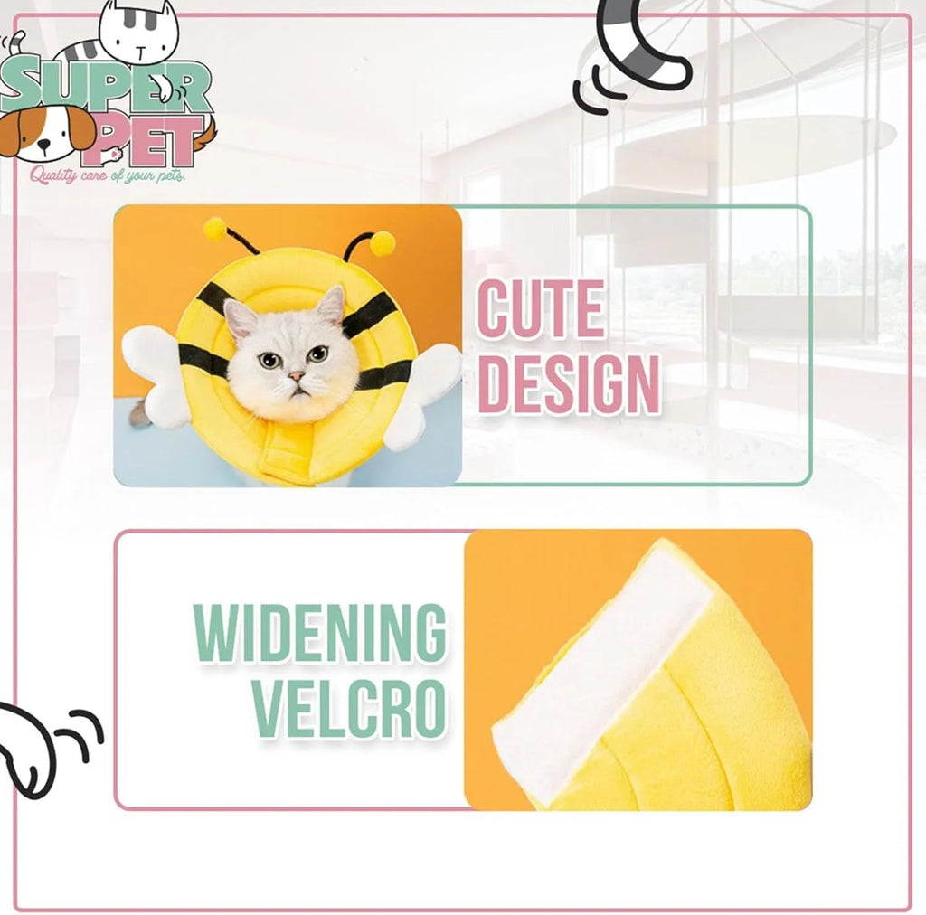 Soft fabric cat cone collar with bee design showing adjustable velcro closure