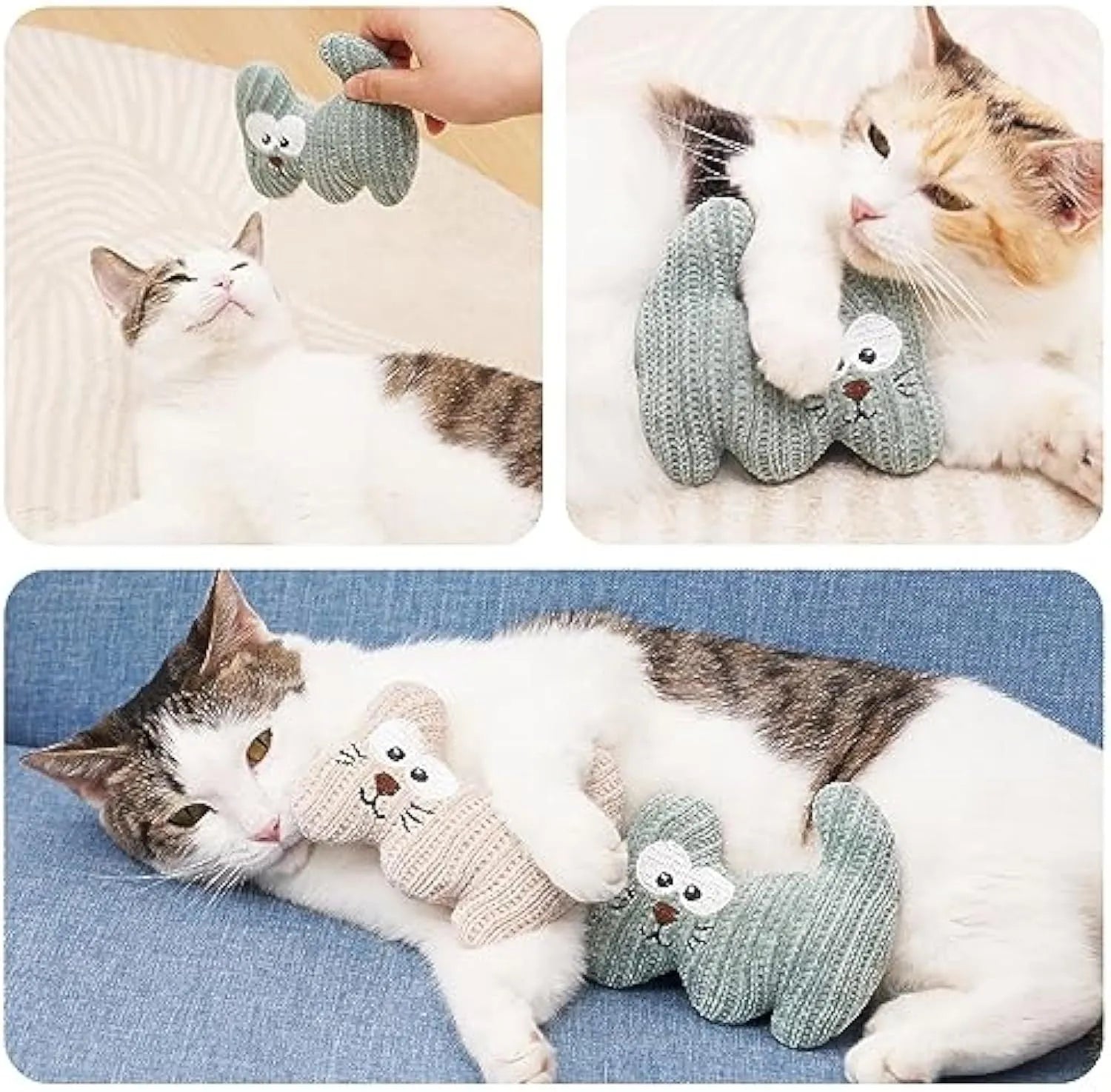 Knitted plush catnip toy with bell in cyan colour, shown next to a 12 cm ruler for scale