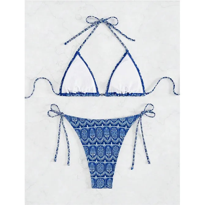 Women's green split bikini bandage swimsuit with side stitching and adjustable straps