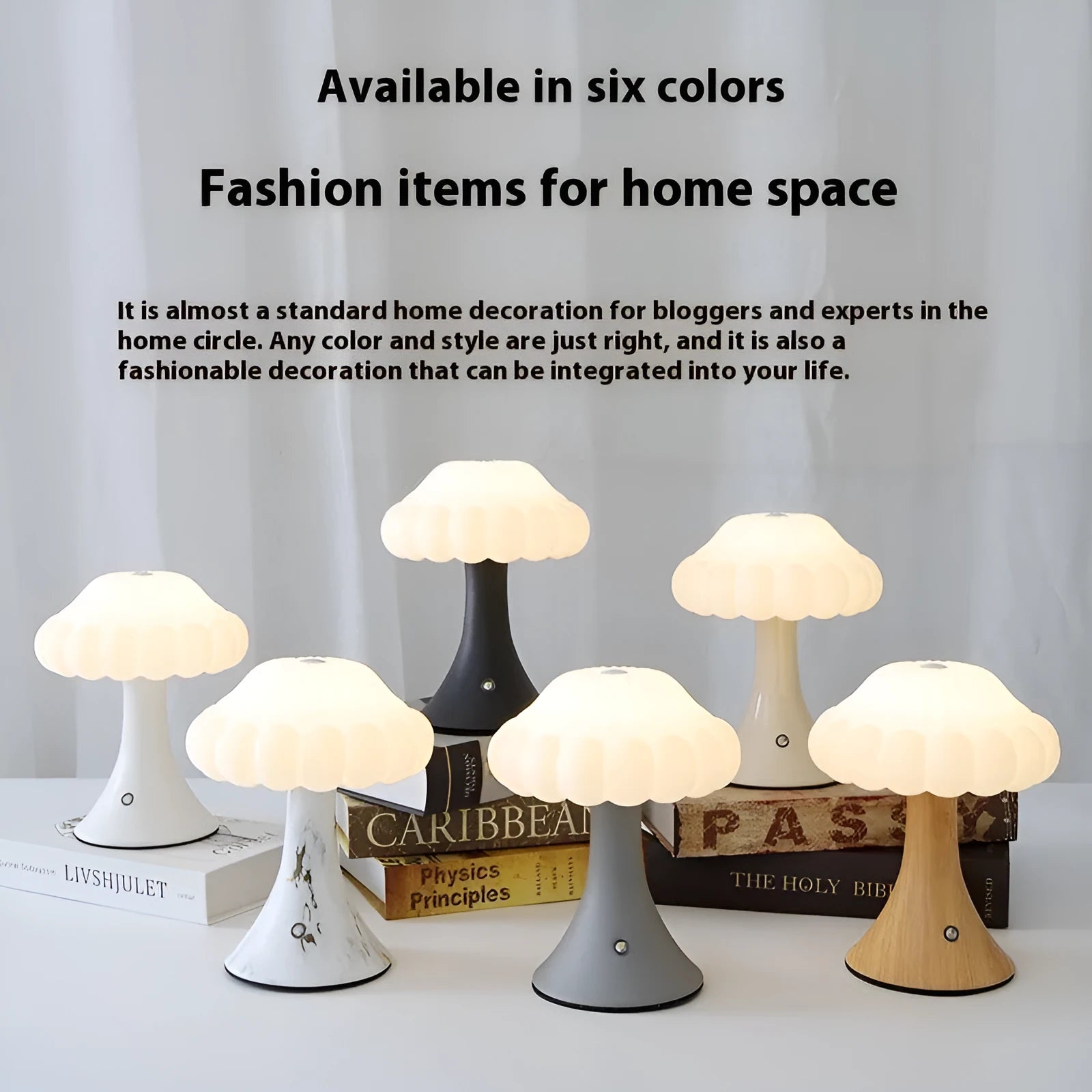 Mushroom shaped touch control night light with USB charging in wood grain colour finish