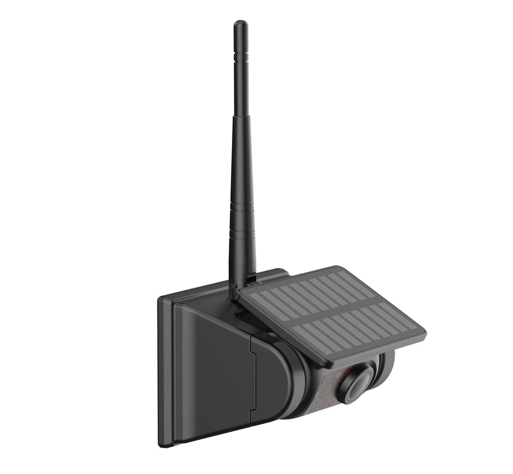 Solar-powered wireless reversing camera with magnetic mount showing aluminium alloy housing and adjustable angle mechanism