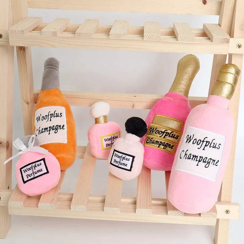 Plush wine bottle pet toy for dogs and cats with squeaker and crinkle sounds in six colour options