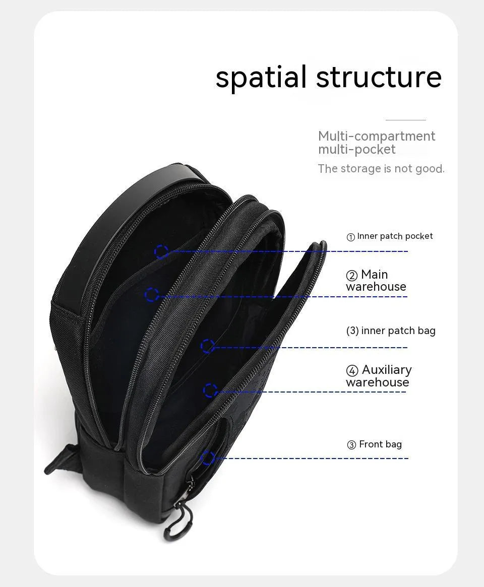 Casual black waterproof chest bag with camouflage pattern, single shoulder strap and soft handle