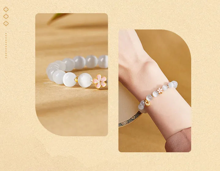 Sterling silver character fu bag bracelet with cold enamel peach blossom opal, flower shape, Gray Island Peach Blossom style, on white background