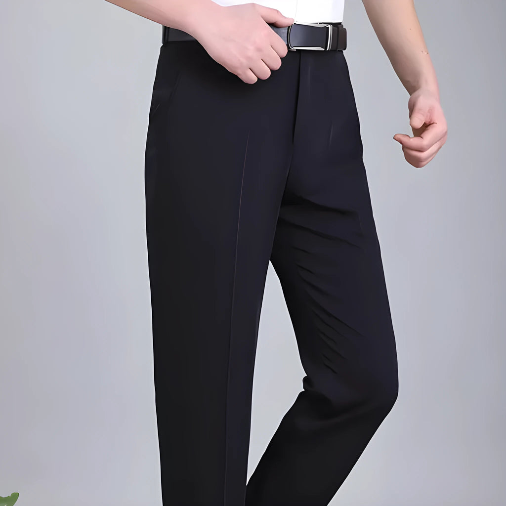 Men's straight leg business trousers in mulberry silk blend fabric with high waist design