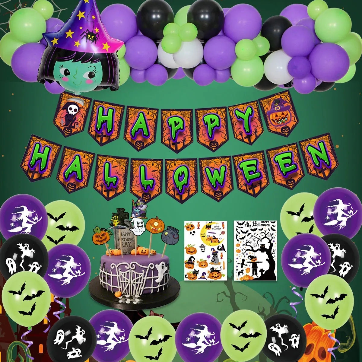 Halloween spider balloon arch decoration set with white and black latex balloons featuring skull and pumpkin designs