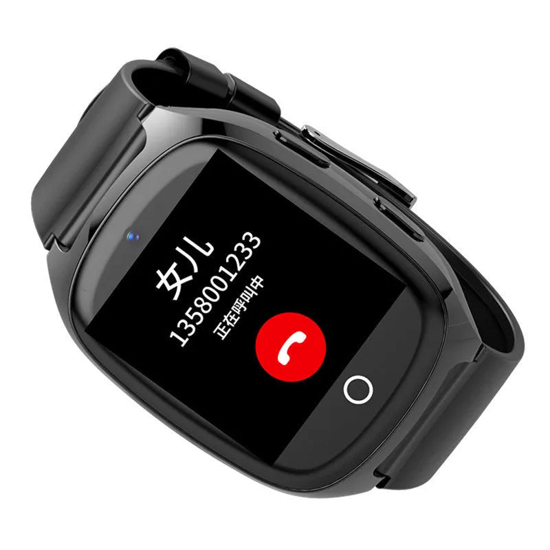 Black GPS tracker phone watch with 1.54-inch touch screen showing interface and SOS button