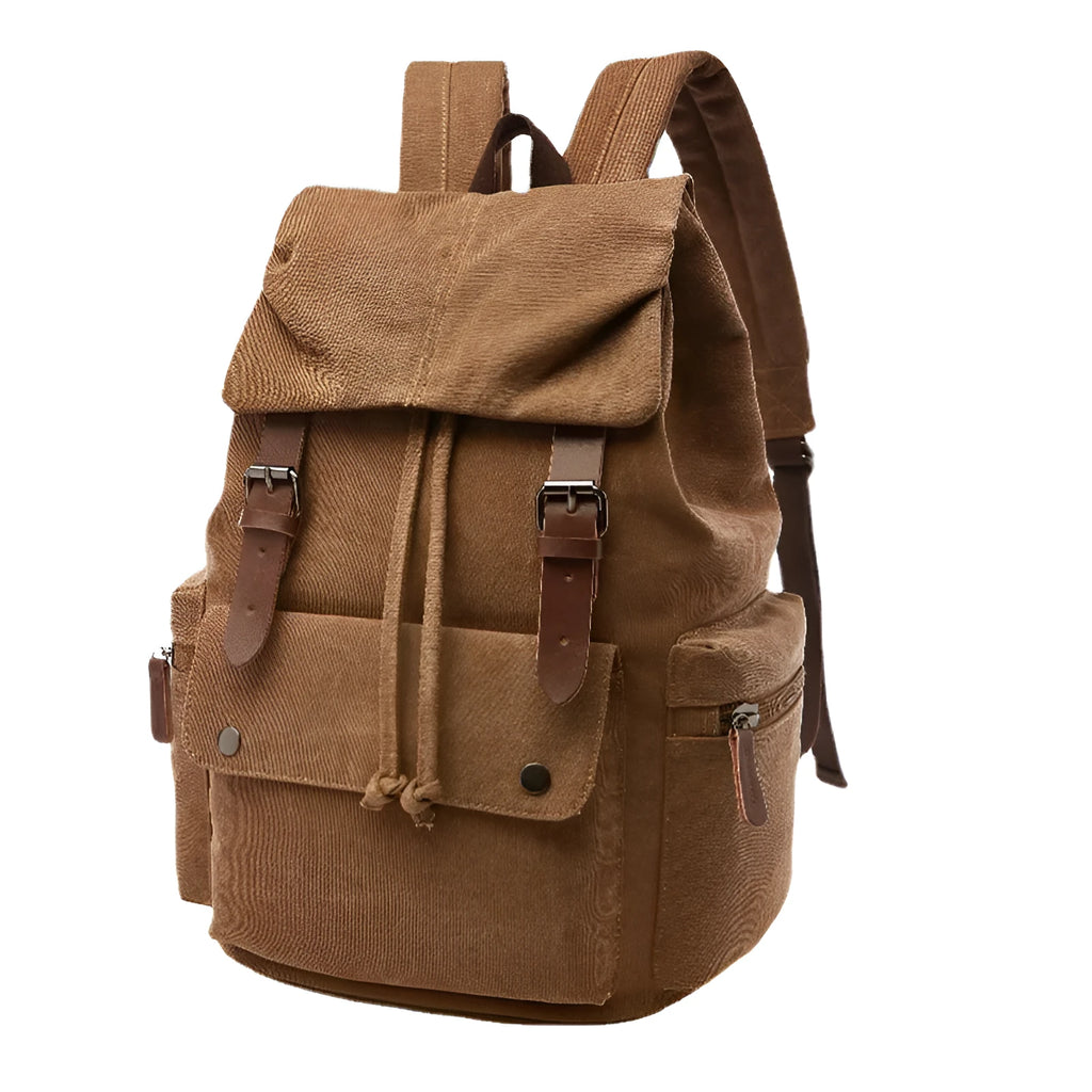 Canvas travel backpack in khaki with airpillow straps and sewing line detailing