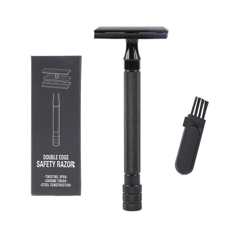 Traditional manual shaving razor set with metal scraper and matching barber brush