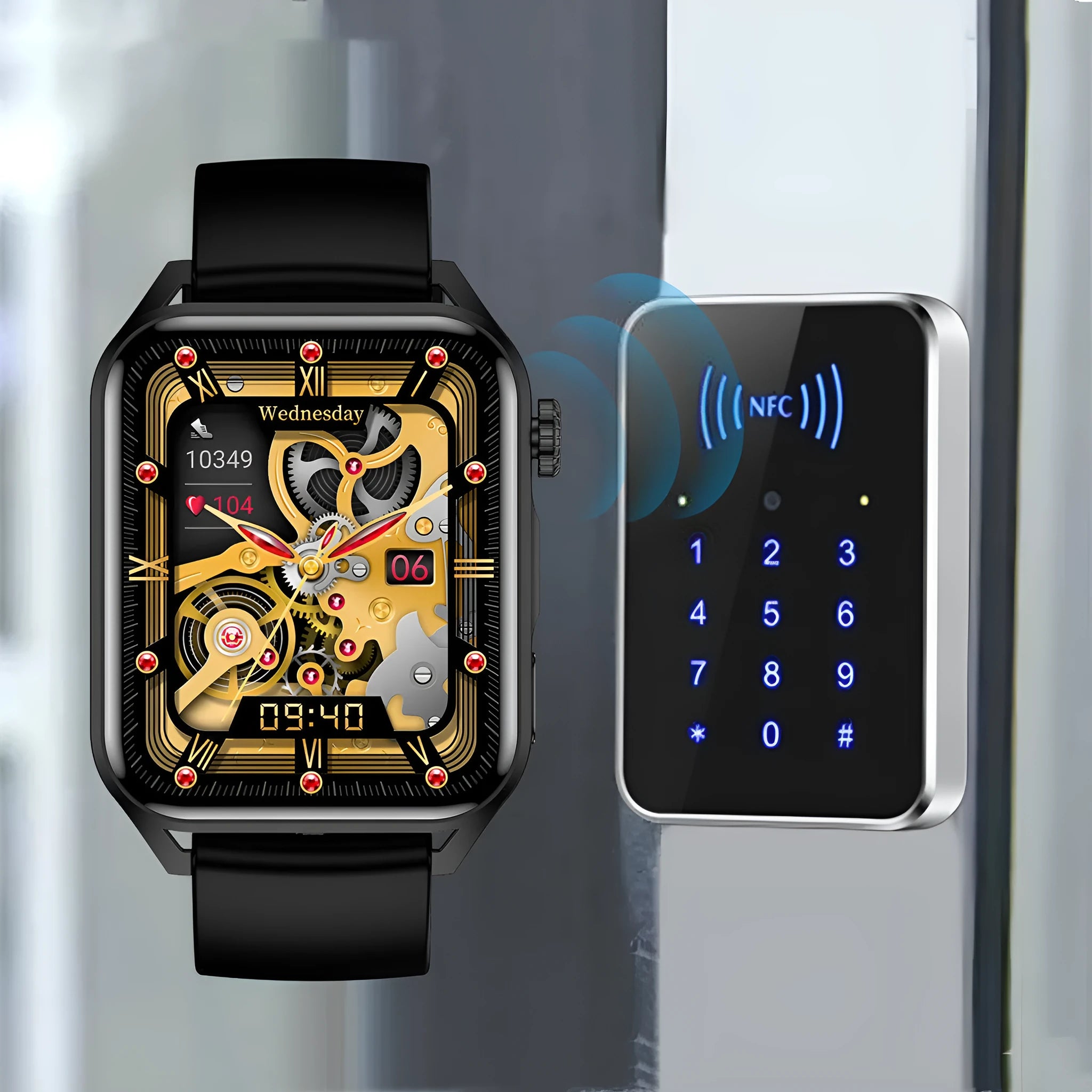 Smart watch with 1.8-inch AMOLED display showing watch face, silicone wrist strap, and magnetic charger