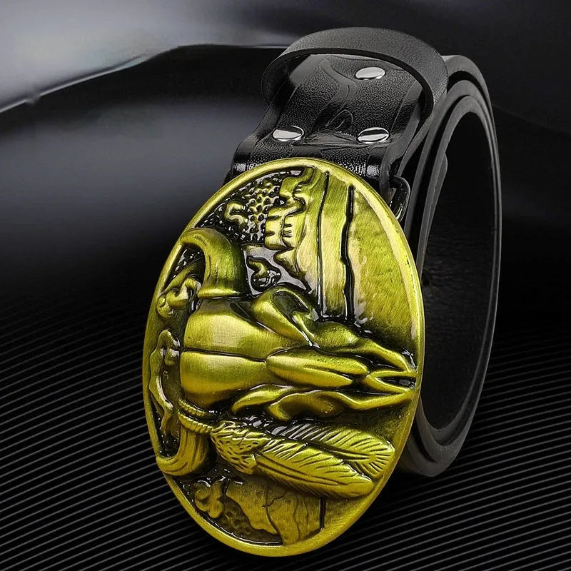Men's black imitation leather belt with a detailed silver alloy cow head buckle shown fastened.
