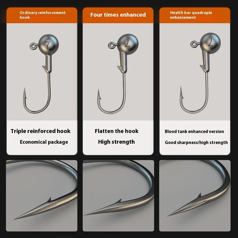 Pack of 50 enhanced jig fishing hooks with lead heads and blood trough design in 7G size