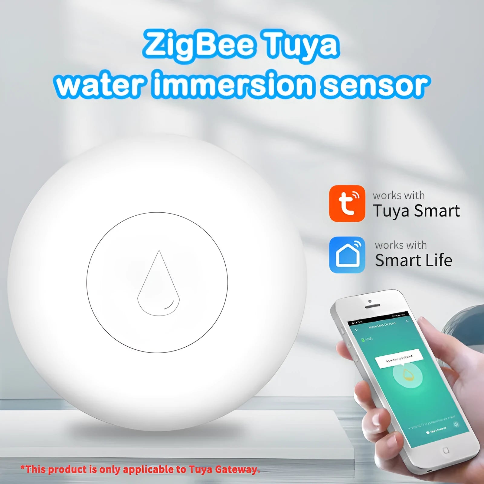 Zigbee wireless water leak sensor with compact PC housing for smart home flood detection
