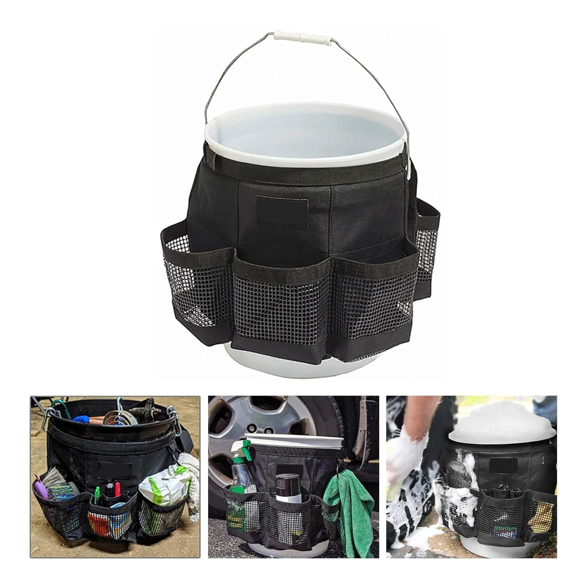 Black cylindrical polyester storage bag hanging from buggy attachment, compatible with 5 gallon barrel