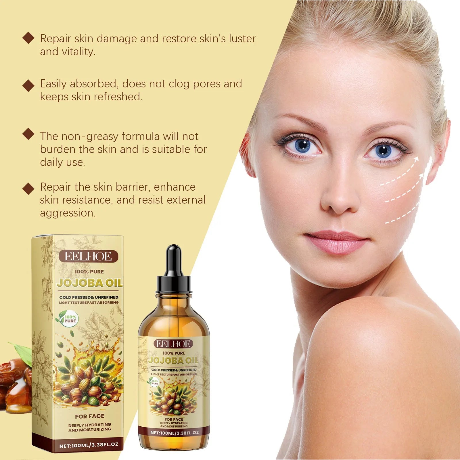 EELHOE Jojoba Face Oil in a 100ml bottle for moisturising brightening and firming skincare
