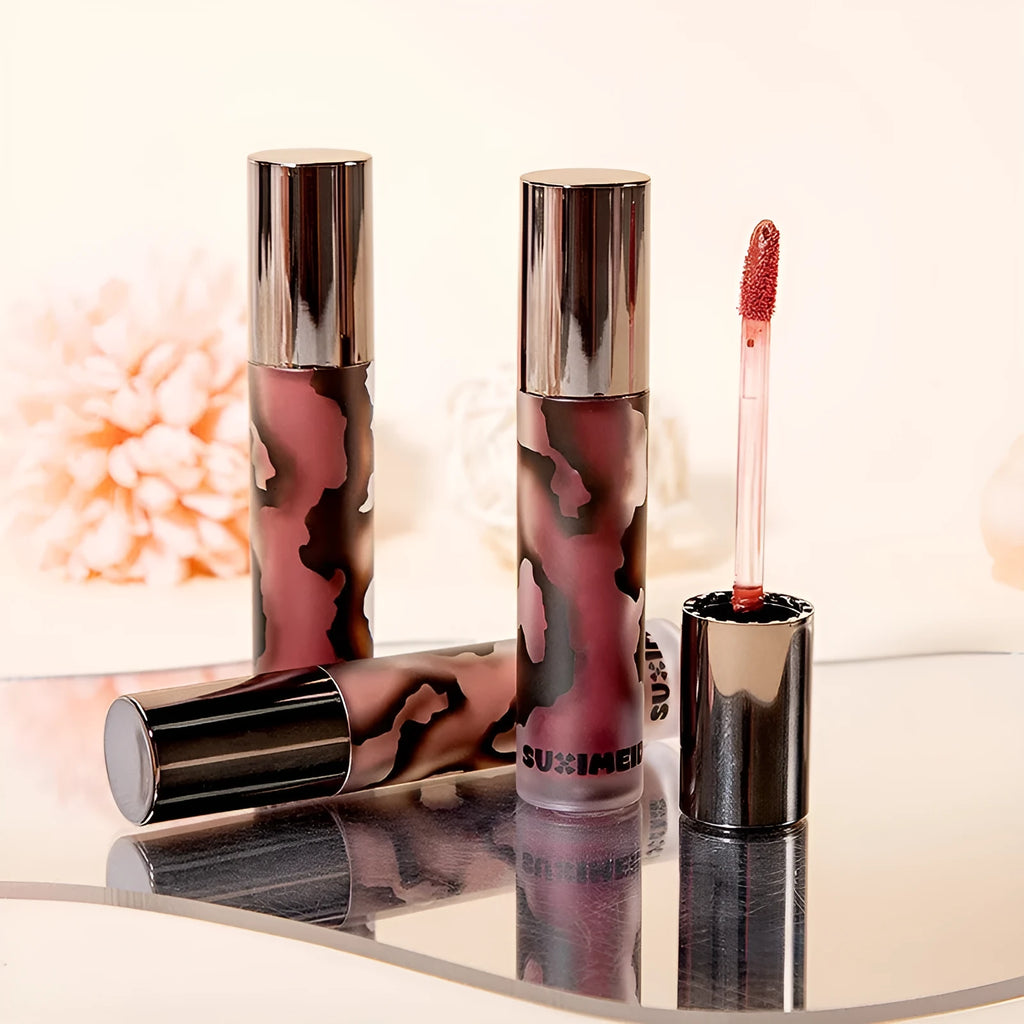 Lava Secret matte liquid lipstick tube showing no-stain technology and five natural shade options