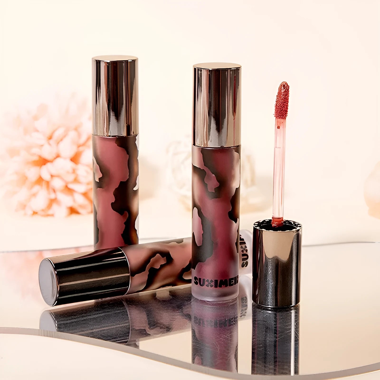 Lava Secret matte liquid lipstick tube showing no-stain technology and five natural shade options