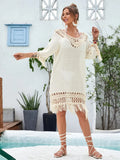 Women's apricot hand-crocheted beach dress with polyester lining for swimming cover-up