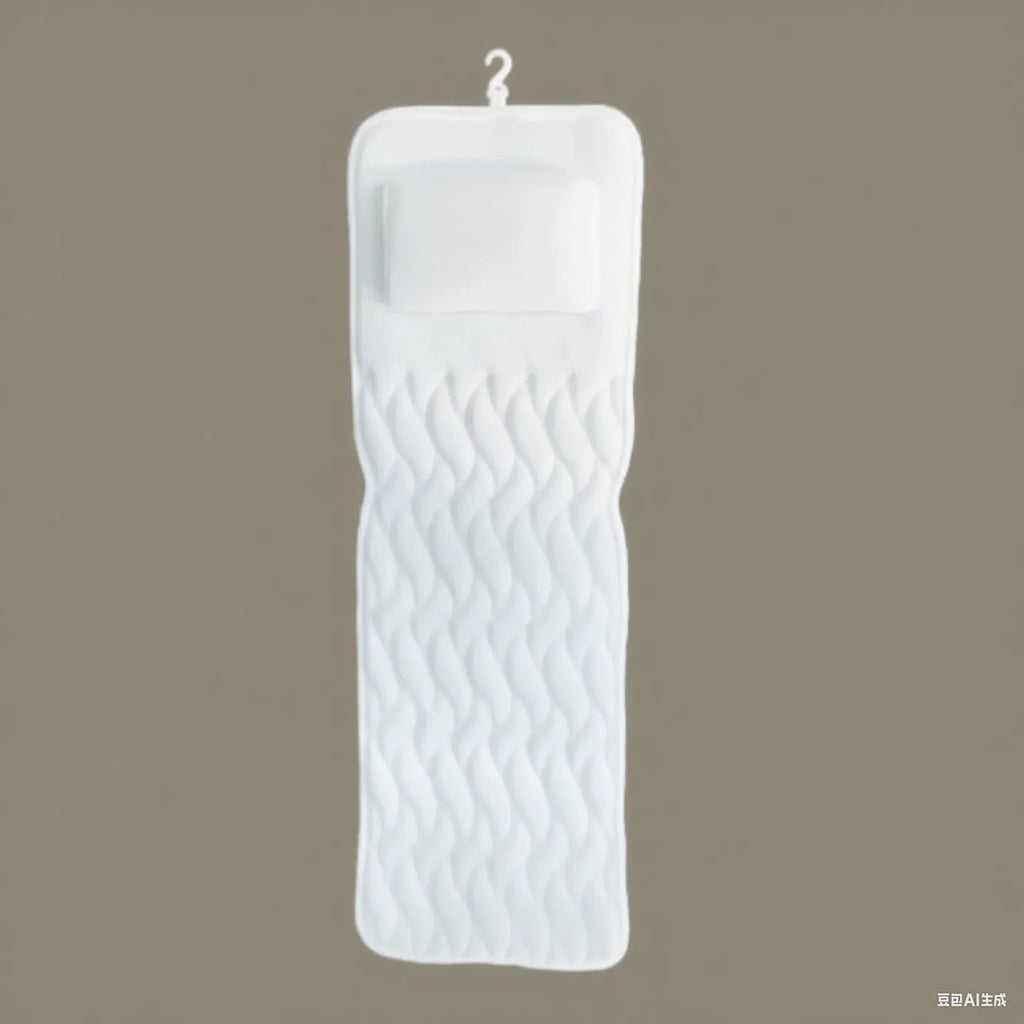 White bathtub pillow with suction cups on a 3D permeable surface, showing dimensions 37x34x10cm