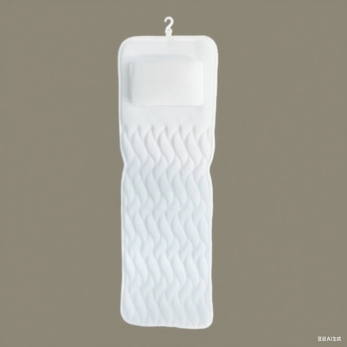 White bathtub pillow with suction cups on a 3D permeable surface, showing dimensions 37x34x10cm