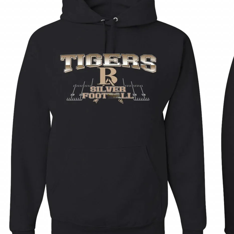 Black men's drop-shoulder sleeve polyester pullover hoodie on a hanger.