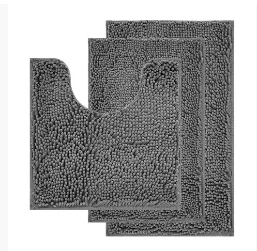 Chenille long hair bathroom toilet carpet three-piece set showing U-shaped and rectangular mats.