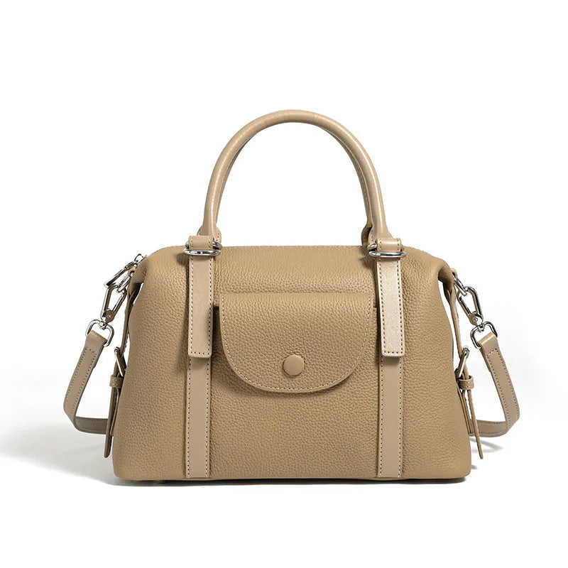 Genuine leather ladies handbag in black, brown, or elephant grey with lock detail and shoulder strap