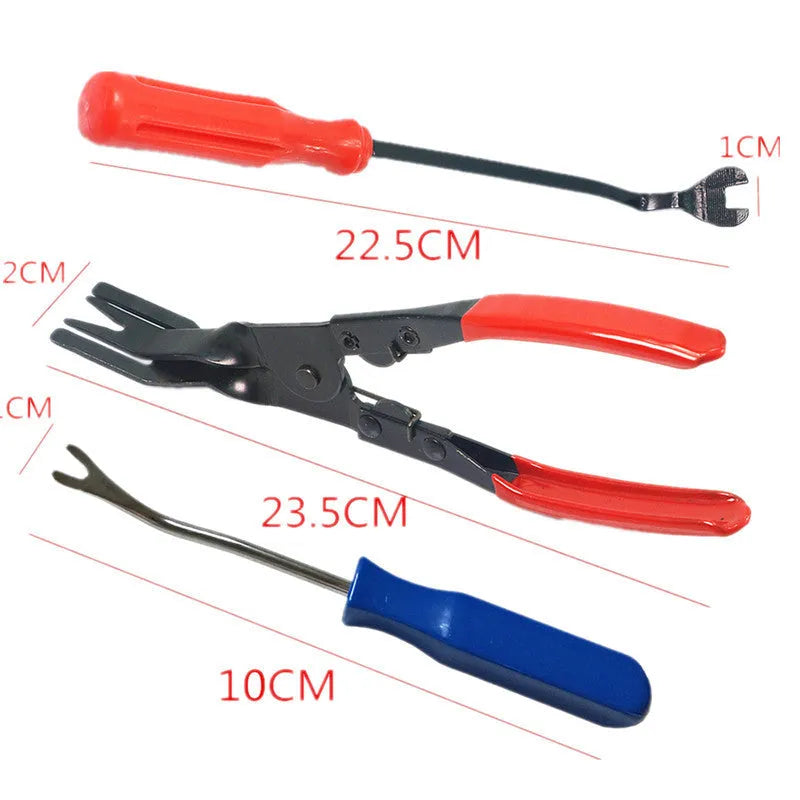 Automotive door panel clip removal tool with horn nailing design and red-handled light switch pliers