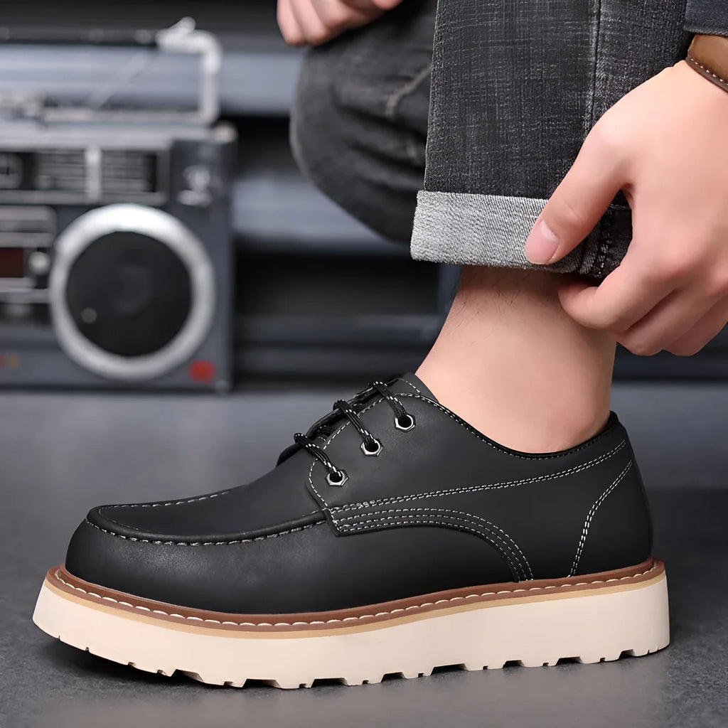 Men's black and brown retro Martin boots with low top and round toe design