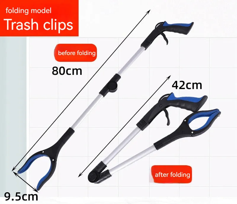 Foldable aluminium garbage clamp showing extended 80cm length and magnetic sucker attachment