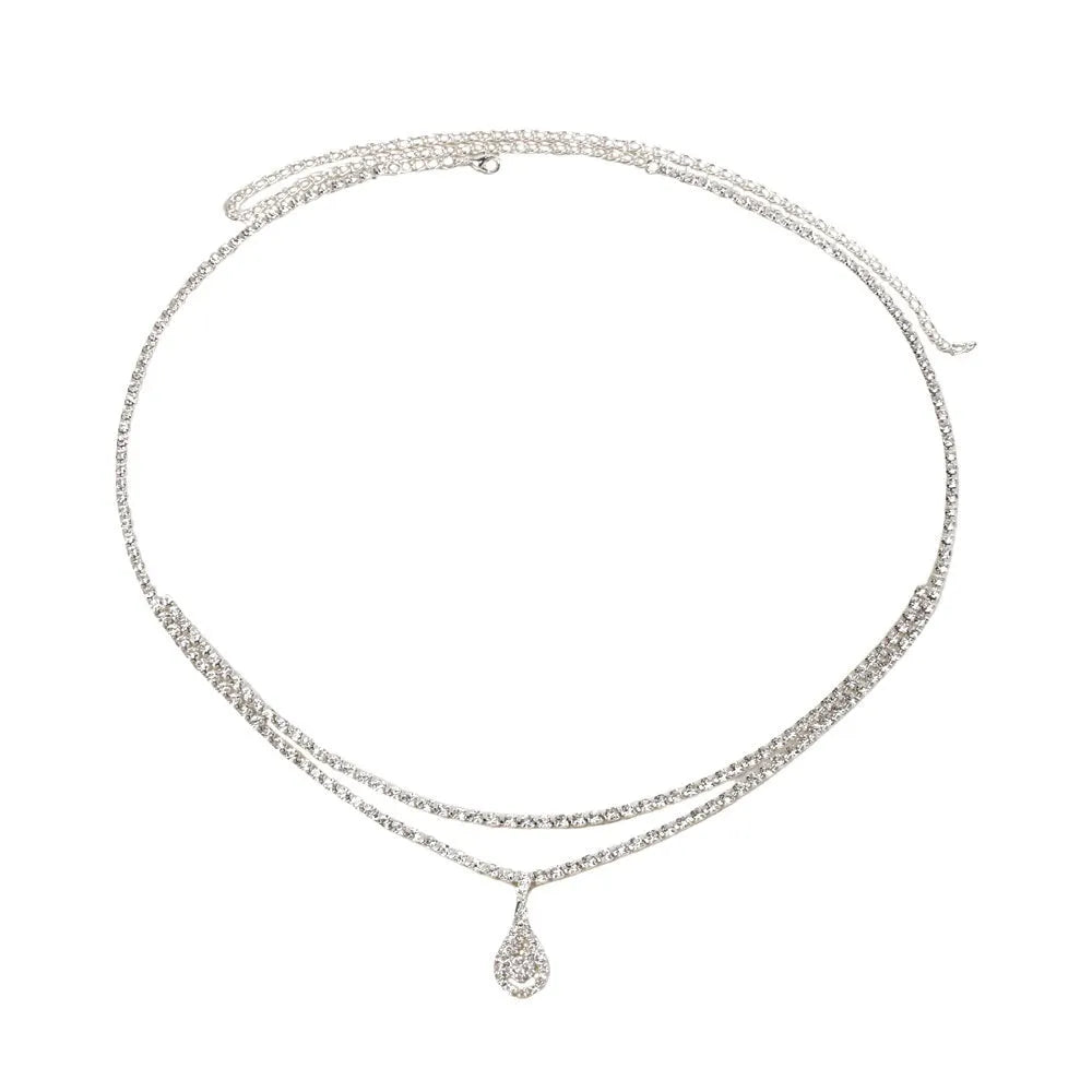 Gold waist chain with water drop pendant and rhinestone details, showing lobster clasp closure