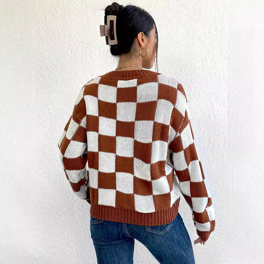 Dark brown plaid pattern acrylic pullover sweater with long sleeves and round neck