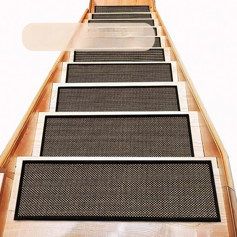 Japanese-style linen-look stair mat in camel colour with a rubber sole on a wooden step.