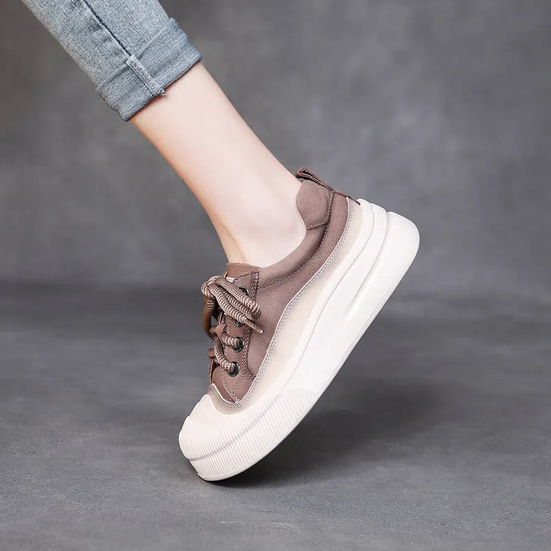 Women's full grain cow leather lace-up casual shoes in yellow and cameo brown with round toe design