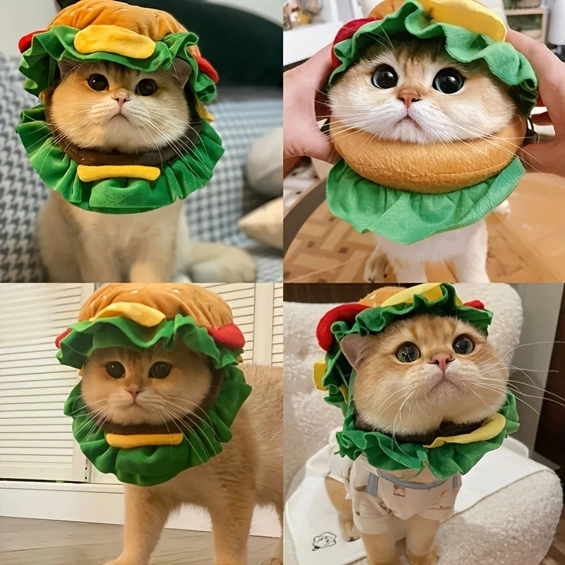 Cat wearing cartoon burger headdress collar in adjustable sizes for costume events