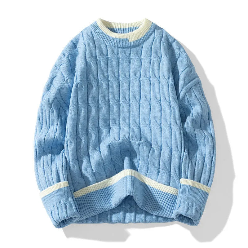 Men's loose fit two-piece modal acrylic sweater set in light blue for autumn and winter.