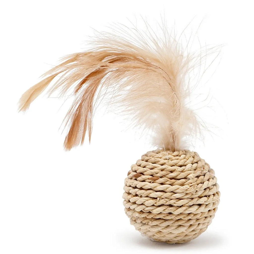 Two cat toys: a woven rattan ball and a faux feather ball with bell on a white background.