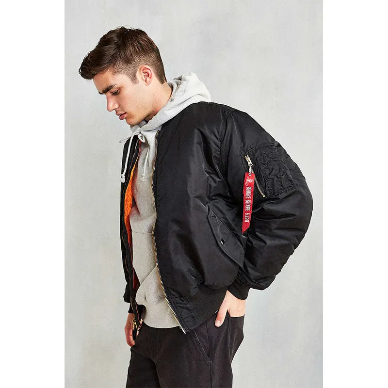 Men's American workwear pilot cotton-padded jacket in army green colour showing loose fit styling