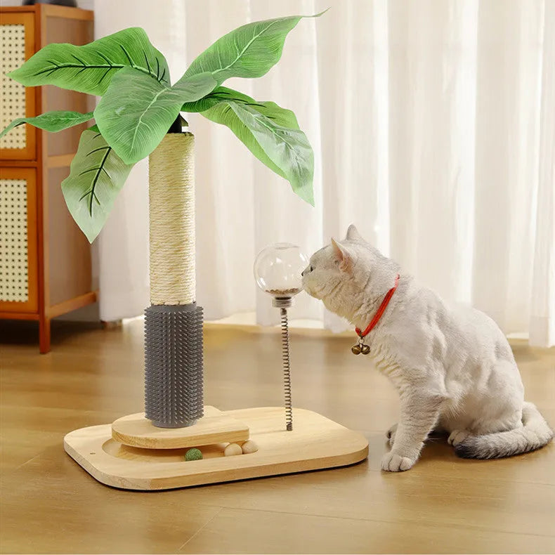 Wooden cat scratching post in canna colour with chamfered edges, standing vertically.