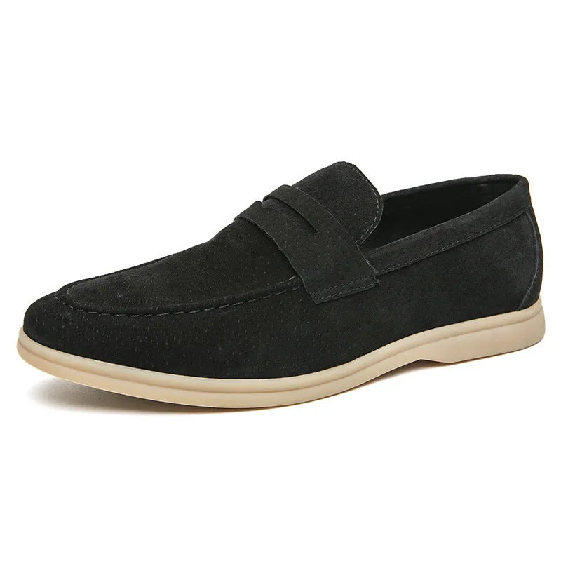 Men's leather slip-on shoes with rubber sole and round-toe design in black, beige or khaki