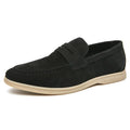 Men's leather slip-on shoes with rubber sole and round-toe design in black, beige or khaki