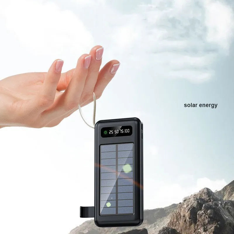 Solar power bank in cool black or ivory white colour showing compact 144mm design with charging port