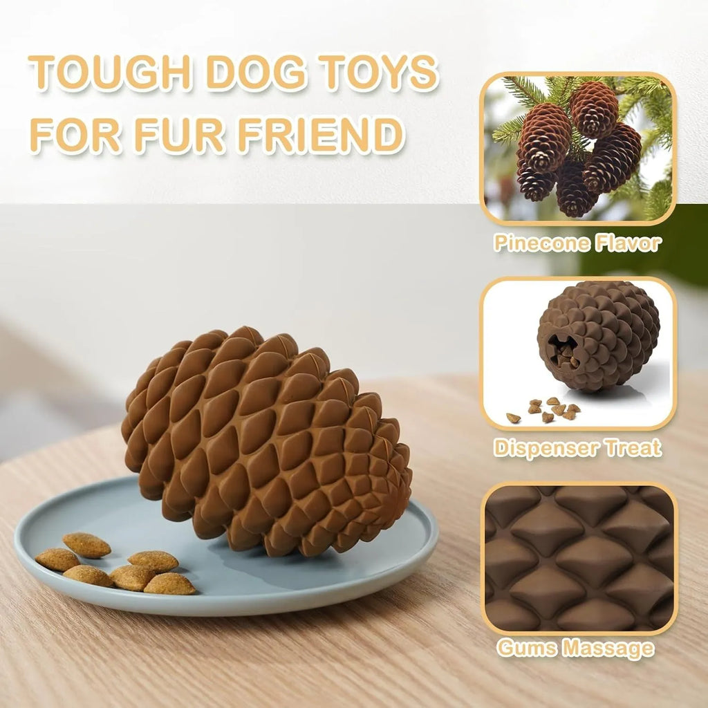 Yellow pine cone shaped natural rubber dog chew toy with treat dispenser hole, for medium and large breed dogs.