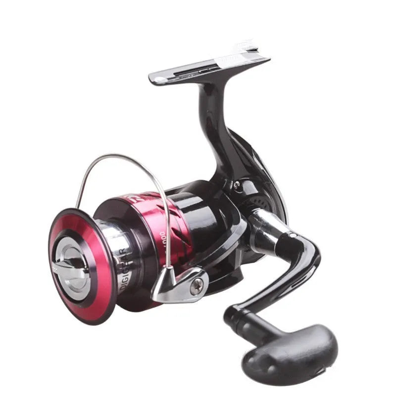 SWEEPFIRE 2B CS alloy spinning fishing reel on display with multiple series options