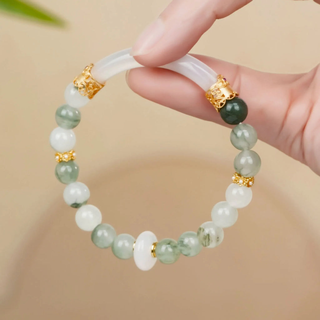 Emerald Green Tian Shan Cui stone half bracelet for women with round national style design.